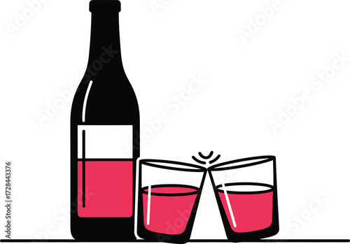 Illustration of a wine bottle and two glasses clinking together isolated on white background celebration concept