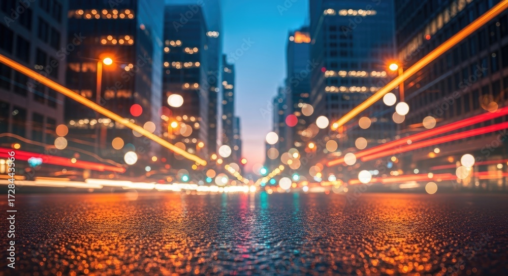 Fototapeta premium Dynamic City Nightscape with Blurred Motion and Reflective Road