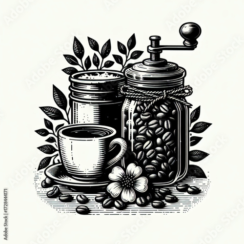 Coffee cup with beans and jar black vector icon with transparent background 