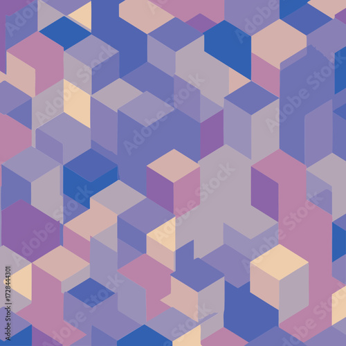 Abstract geometric pattern of overlapping cubes in muted pastel shades. Abstract geometric pattern of overlapping cubes with soft, pastel hues of blue, pink, and beige.