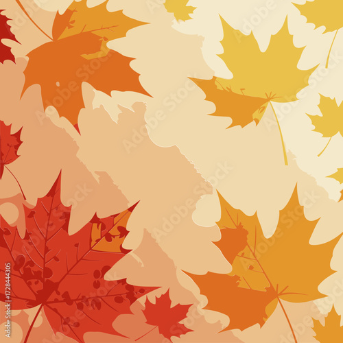 Autumn maple leaves in warm tones on a light beige background. Falling leaves in various stages of color and detail, creating an autumnal seasonal design.