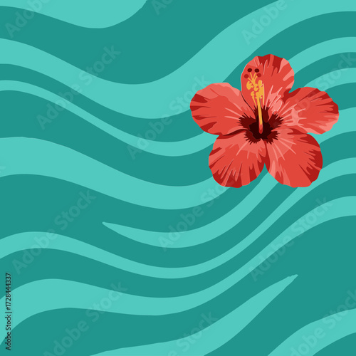 Red hibiscus flower on teal fabric surface with subtle texture. Still life image of a vibrant red hibiscus blossom, set against flowing teal fabric.