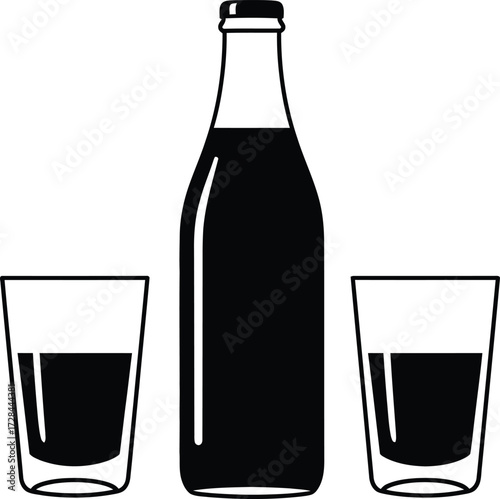 Classic bottle and two glasses of dark liquor isolated on white background, perfect for a vintage aesthetic