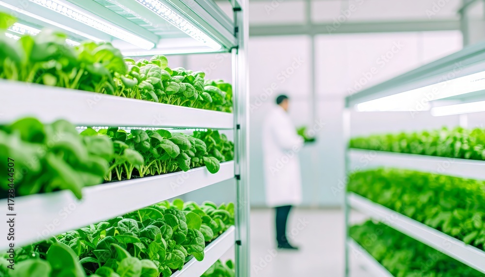 Fototapeta premium Indoor spinach harvest, hydroponic grow light system