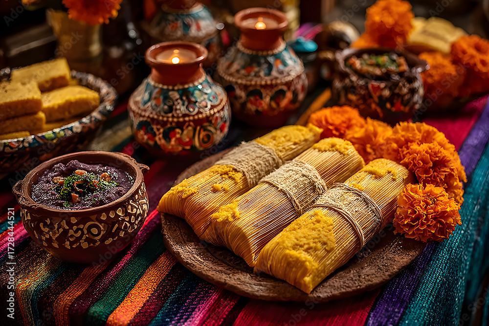 Fototapeta premium traditional day of the dead celebration with tamales and marigolds, showcasing authentic mexican cuisine and vibrant cultural elements