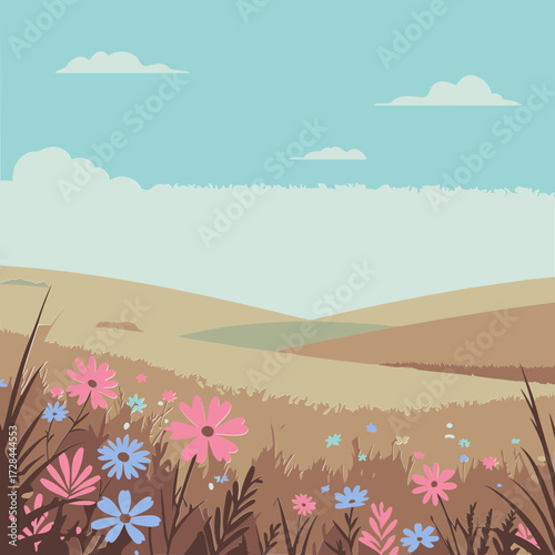 Springtime meadow landscape with wildflowers and rolling hills. Colorful flowers and grass in a tranquil, sunny meadow setting.