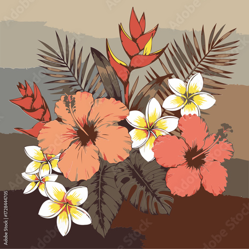 Tropical flower bouquet design featuring hibiscus, plumeria, and exotic plants. Detailed illustration with a variety of vibrant colors and foliage.