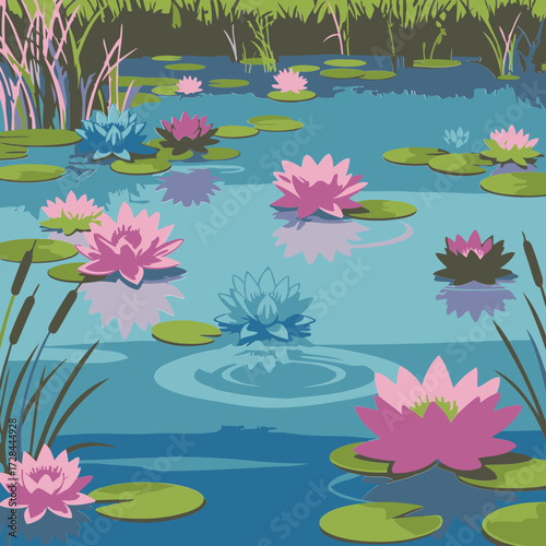 Colorful lotus flowers in a tranquil pond setting. Vibrant blossoms with various shades of pink, blue, and purple rest on serene water lilies.