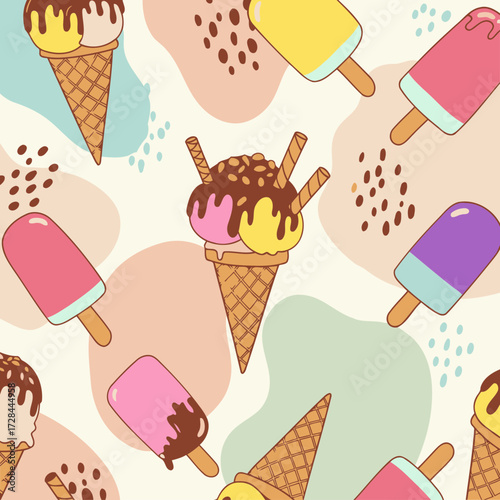 Colorful ice cream treats in waffle cones and on sticks, displayed on a light background with abstract shapes. A variety of flavors and fun designs for a summery dessert theme.