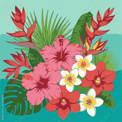 Tropical floral design with vibrant hibiscus, plumeria, orchids, and exotic birds of paradise flowers in a lush green foliage background.