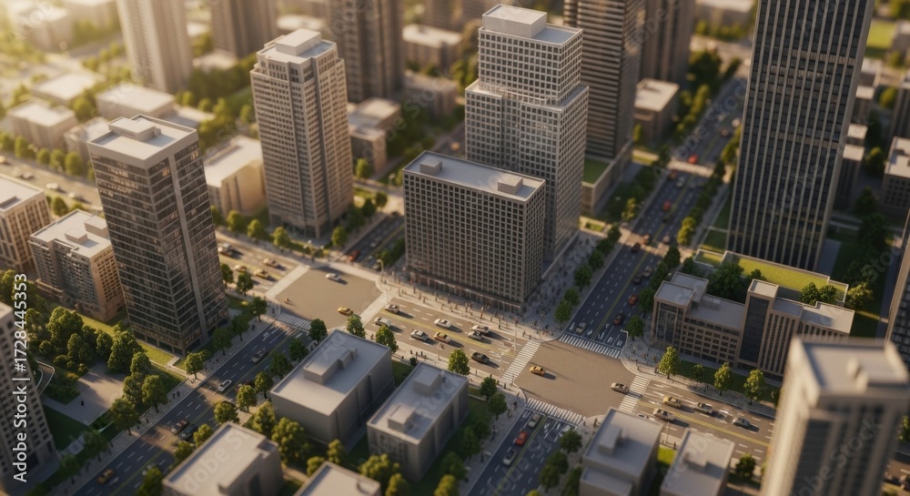 Obraz premium Modern Cityscape Aerial View of Tall Office Buildings and Streets in Downtown Urban Area
