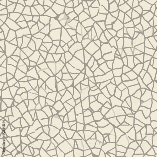 Cracked texture with neutral tones for interior design. Abstract pattern with lines forming geometric shapes across a light beige background.