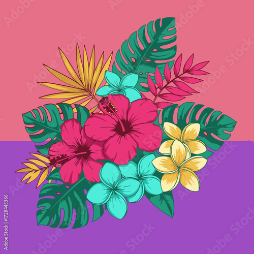 Tropical flower bouquet with vibrant colors in a decorative design. Colorful floral arrangement with exotic leaves and blossoms in a gradient background.