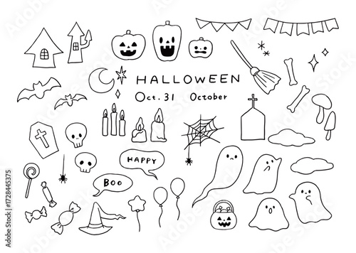 ハロウィンのおばけとかぼちゃのイラストセット(モノクロ)
