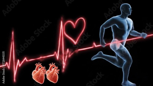Running figure with heart, pulse line, and anatomical hearts against black background