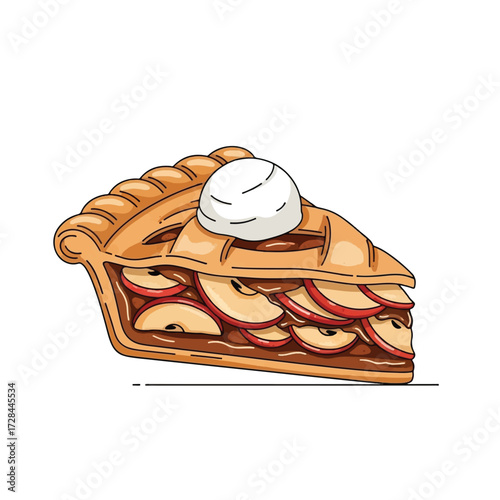 A delicious slice of apple pie with a scoop of whipped cream on top, ready to eat.