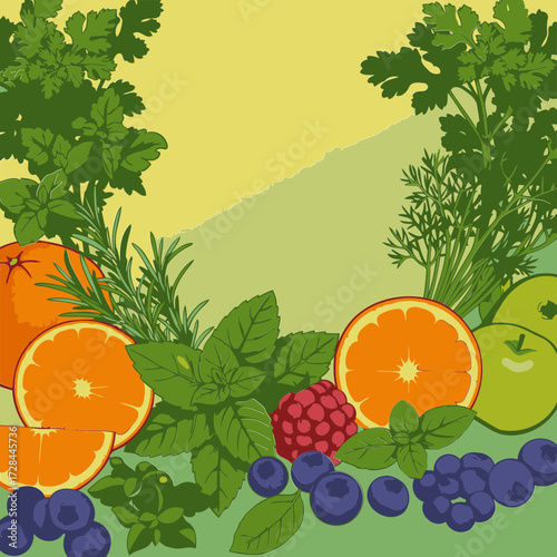 Freshly illustrated fruits and herbs in vibrant colors, arranged in a visually appealing design.