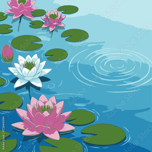 Pink and white water lilies on a tranquil pond with rippled water surface. Botanical illustration of aquatic flora in a serene, peaceful setting.