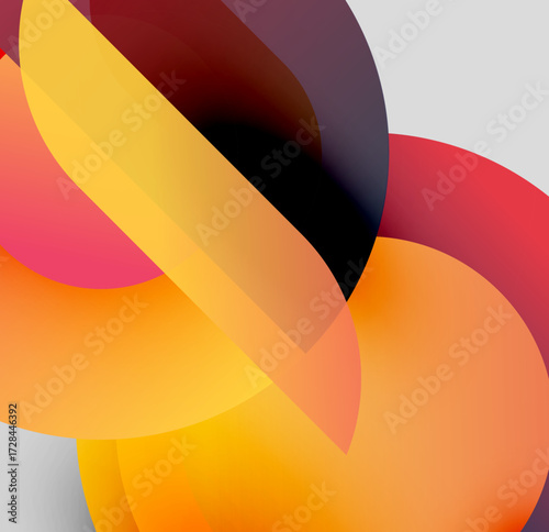 Abstract composition. Overlapping colorful shapes create dynamic visual effect. Warm tones dominate, with subtle gradients.