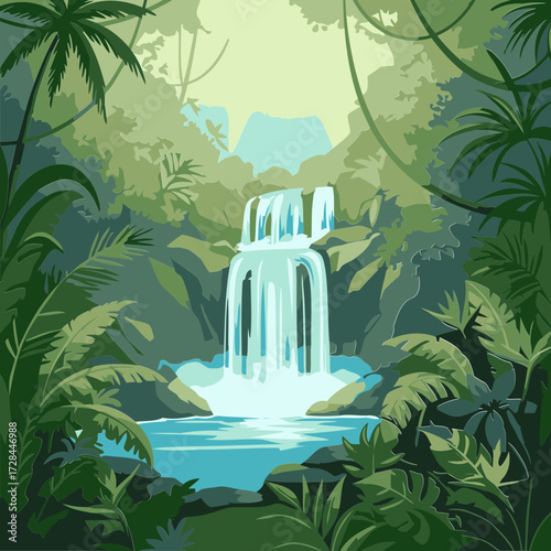 Jungle waterfall scene with lush foliage and vibrant colors. Cascading water over rocks in a dense, tropical forest setting.