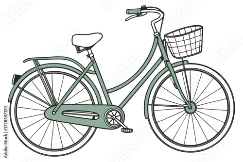 Green bike with basket on a sidewalk. Vintage Style City Bicycle with Basket – Minimalist Green Commuter Bike PNG Illustration.