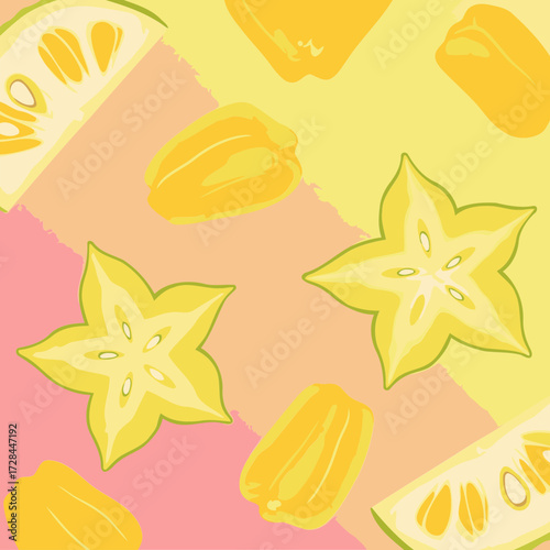 Colorful sliced Jackfruit and Star Fruit pattern on a vibrant gradient background. Brightly colored tropical fruit slices in a visually appealing design.