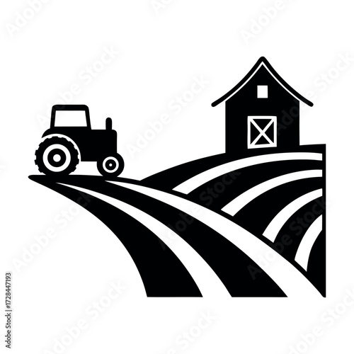 Monochrome Farm Scene Featuring a Tractor, Barn, and Ploughed Fields