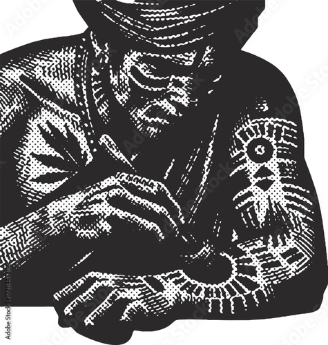 Monochrome woodcut style art of an indigenous medicine man healing a wound with herbs. Vintage graphic design capturing a moment of ancient spiritual ritual and self-care.