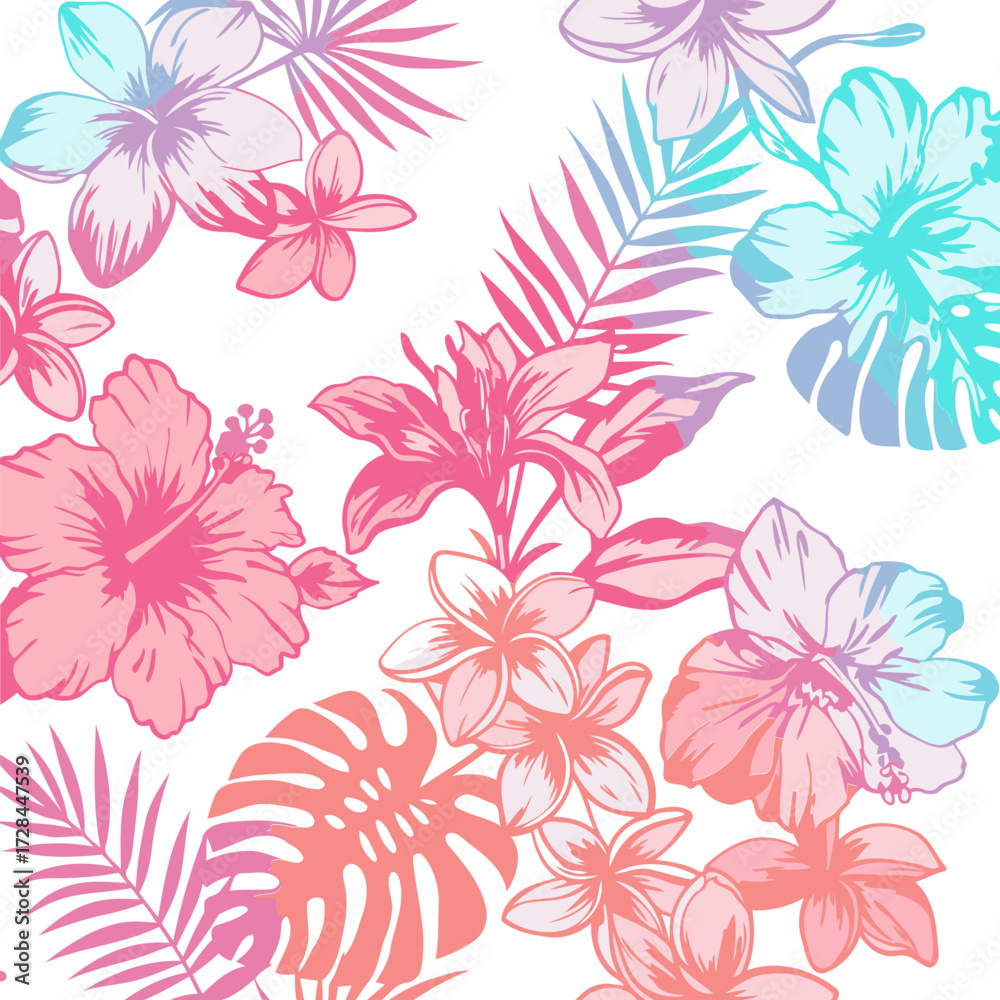 Fototapeta Delicate, vibrant floral pattern with gradients of pinks, purples, and blues on a white background.