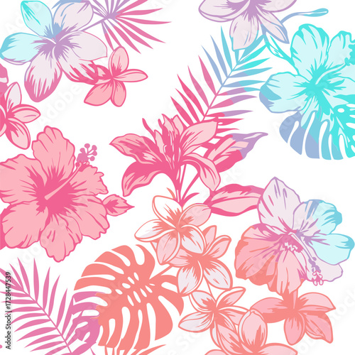 Delicate, vibrant floral pattern with gradients of pinks, purples, and blues on a white background.