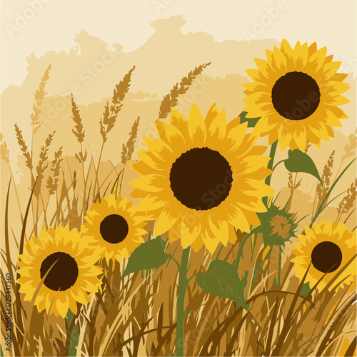 Sunflowers in a field of golden grass with a warm, autumnal background. Bright yellow sunflowers are prominent amidst tall, dried grass against a sepia toned backdrop.
