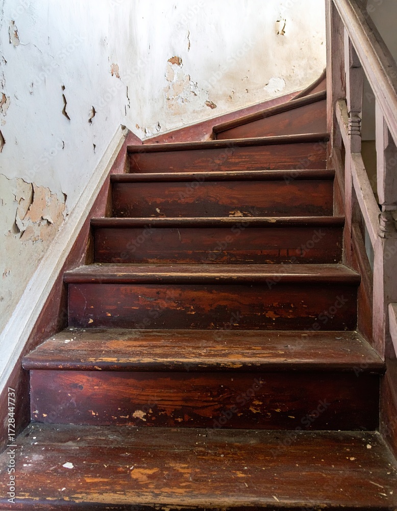 Obraz premium Worn, dark wood staircase ascending, revealing peeling plaster walls