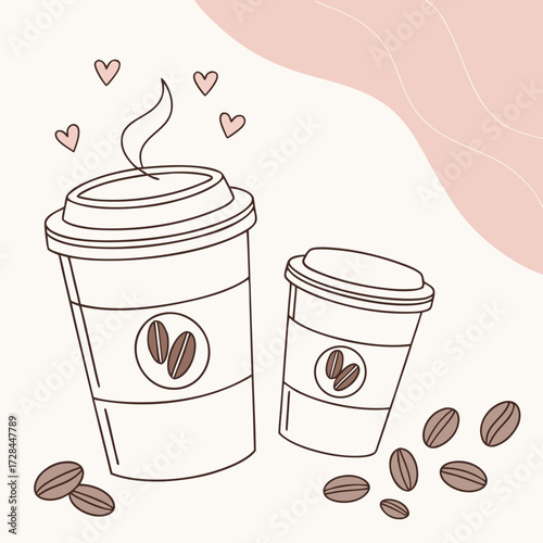 Two coffee cups with coffee beans and hearts