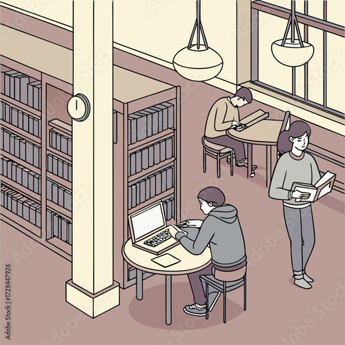 Students studying in the library with bookshelves and tables illustration