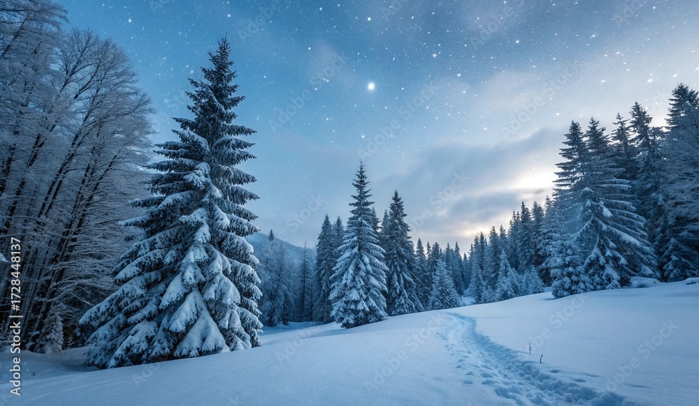 Fototapeta premium This photograph captures a serene winter forest at dusk. Tall, snow-laden evergreen trees dominate the scene, their dark green needles contrasting against the white snow. The sky above is a deep blue,