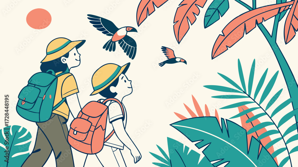 Fototapeta premium Adventurous boy exploring chasing birds