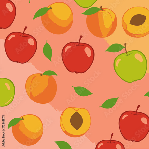 Fruit pattern with apples and peaches in various stages of ripeness. Colorful, vibrant fruit arranged in a seamless pattern on a pastel background with leaves.