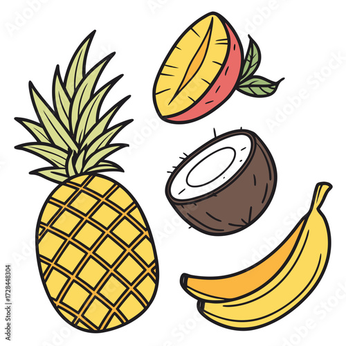 Illustration of pineapple, mango, coconut, and bananas
