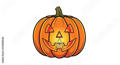 A carved Halloween pumpkin with a lit candle inside, casting a warm glow.