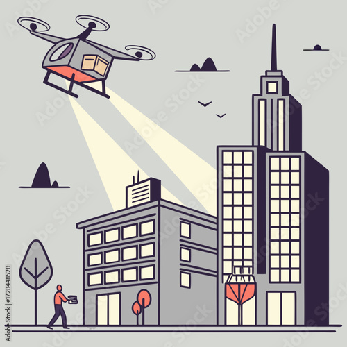 Drone delivering package in city with person holding controller