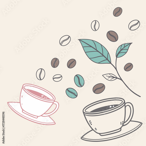 Coffee cups with coffee beans and leaves illustration on beige background
