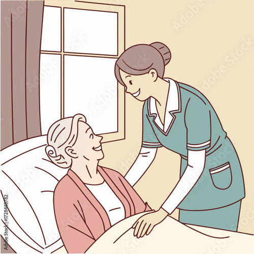 Caring nurse assisting elderly woman in hospital bed, providing comfort