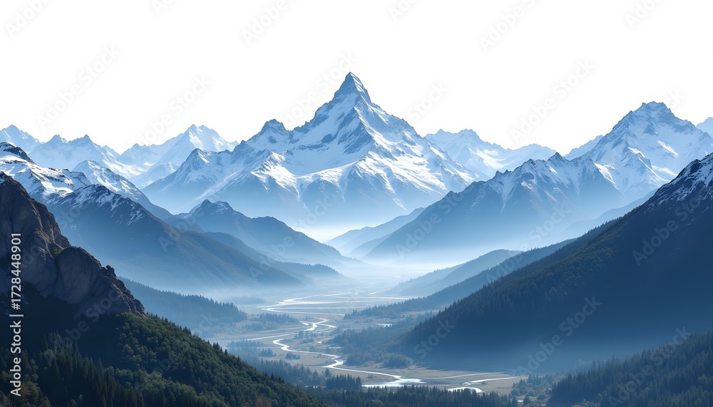 Fototapeta premium A breathtaking aerial view of the majestic Himalayan landscape, featuring snow capped peaks, deep valleys, winding rivers, and lush forests, all set against a pristine white background.