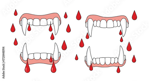 Four sets of vampire fangs with dripping blood, representing a Halloween or horror theme.