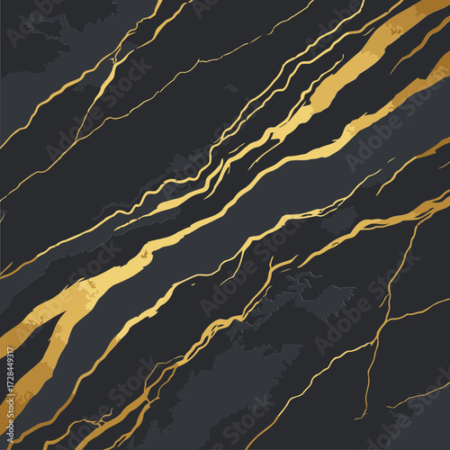 Black marble surface with gold veins. Abstract design with a luxurious, textured appearance. Design element for branding or packaging -