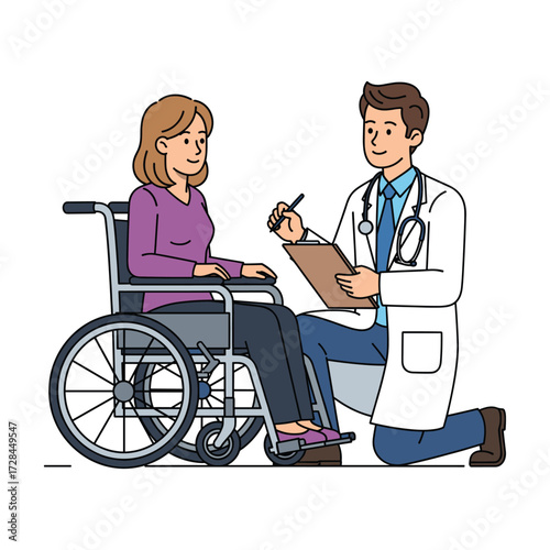 Friendly doctor consulting wheelchair-bound patient; cheerful, line art illustration.
