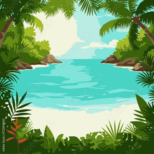 Tropical beach scene with lush vegetation and turquoise water. Tranquil, scenic vista of a secluded beach framed by palm trees and dense jungle foliage.