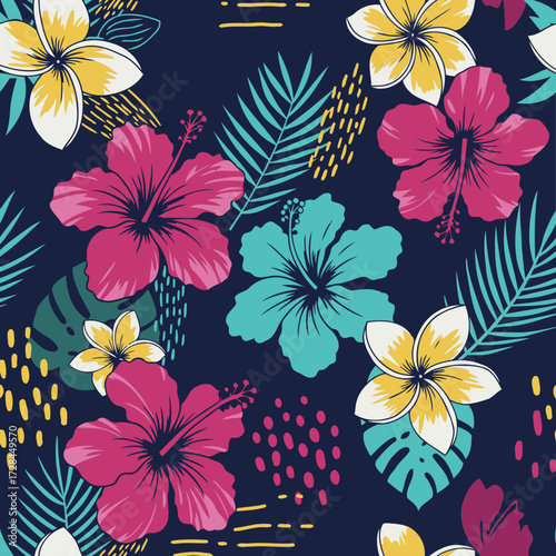 Tropical flower pattern with vibrant colors on a dark background. Colorful hibiscus and plumeria flowers with tropical leaves and abstract shapes.