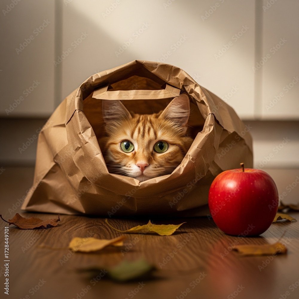 Naklejka premium cat in a box.A brown tabby cat lies hiding in a paper grocery bag
