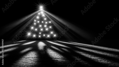 Illuminated Christmas Tree: A striking, high-contrast monochromatic image showcases a geometrically stylized Christmas tree composed of radiant lights.